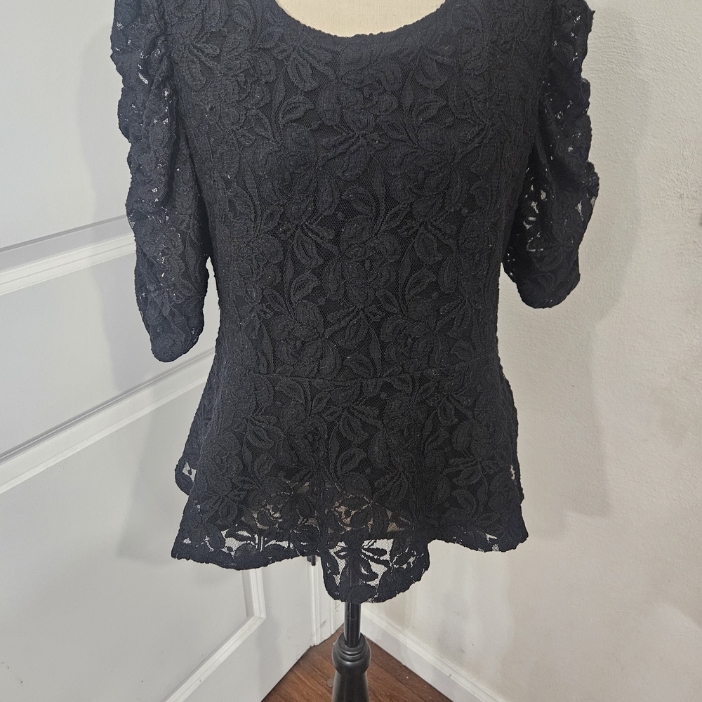 Alfani Women's Black Peplum Lace Blouse With Puff Sleeves Zip Back Sz Large